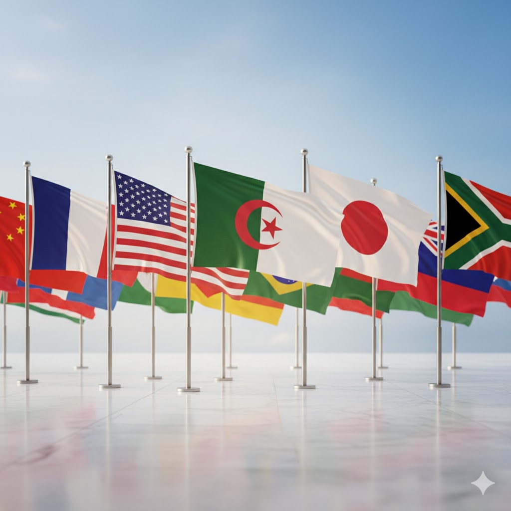 Main tenant un globe avec des drapeaux internationaux